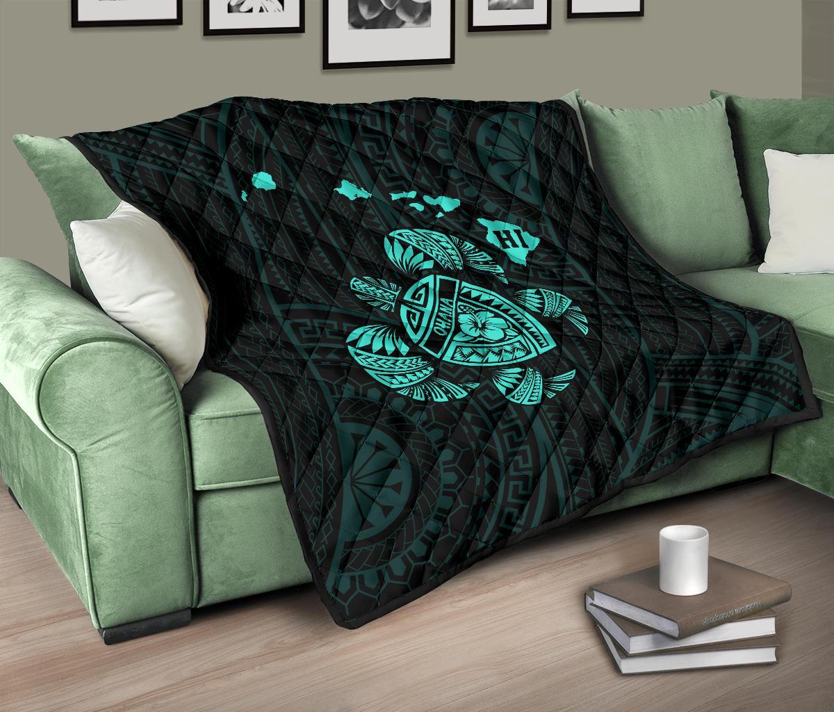 Hawaii Turtle Hibicus Map Premium Quilt - Turquoise - Polynesian Pride