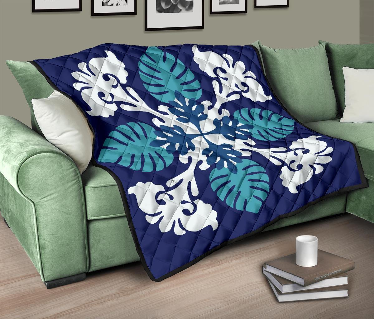 Hawaiian Leaves Tropical Pattern Premium Quilt - Blue - Argu Style - AH - Polynesian Pride