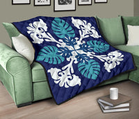 Hawaiian Leaves Tropical Pattern Premium Quilt - Blue - Argu Style - AH - Polynesian Pride