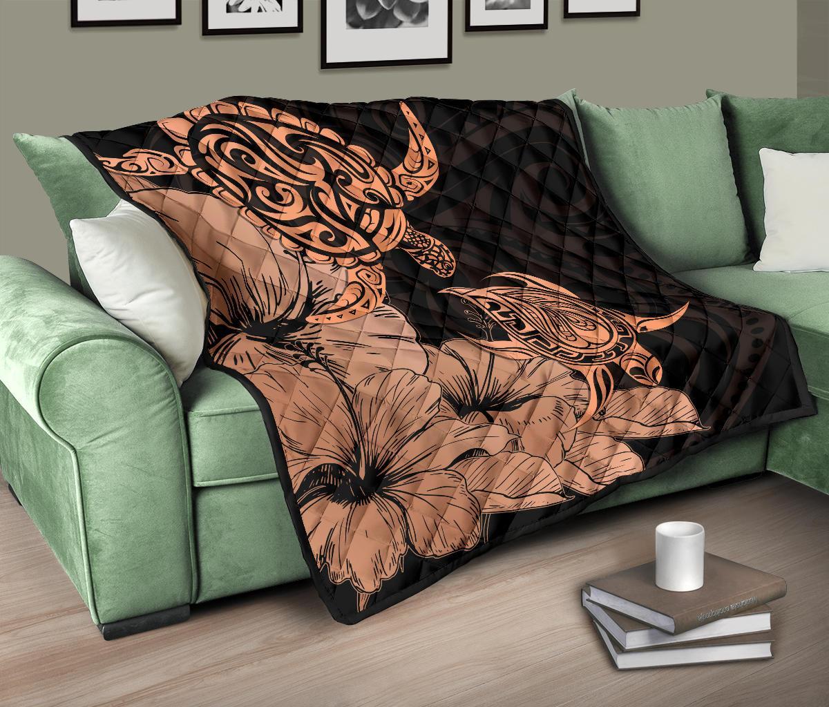 Hawaii Turtle Premium Quilt Polynesian Hibiscus Art Orange AH - Polynesian Pride