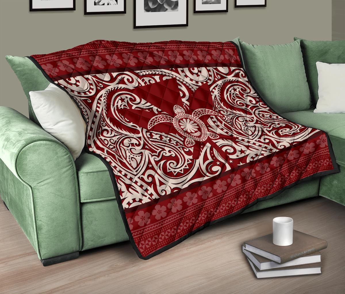 Hawaii Luxury Premium Quilt Red - Kanaka Maoli Turtle Polynesian Tattoo Pattern - Polynesian Pride