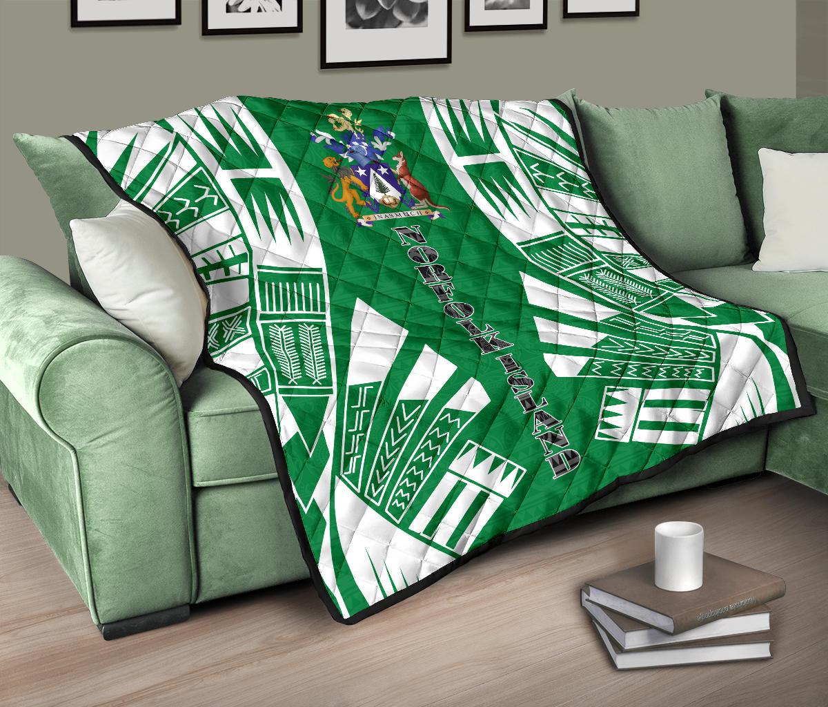 Norfolk Island Premium Quilt - Norfolk Island Coat Of Arms Polynesian White Tattoo (Green) - Polynesian Pride