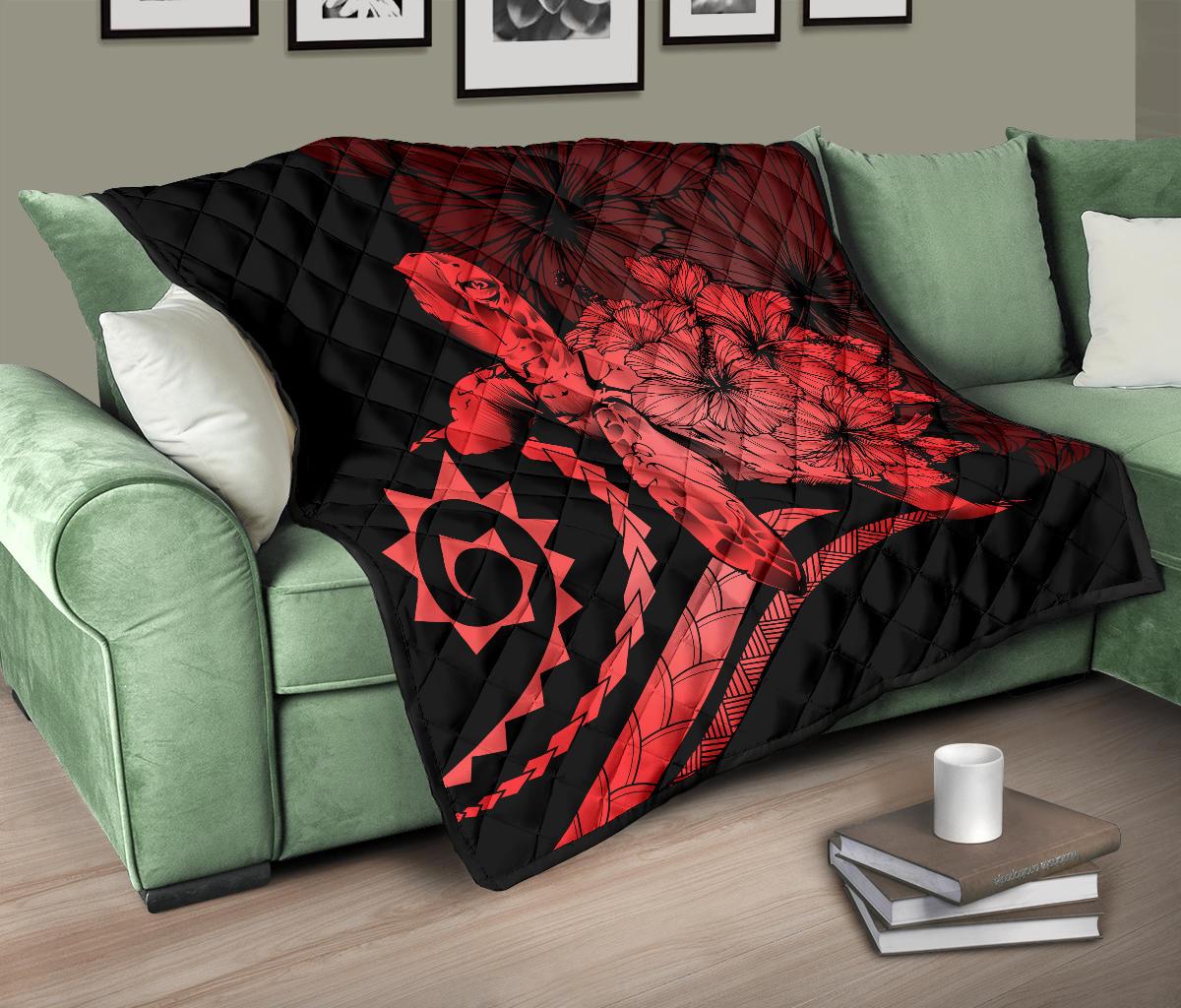 Hawaii Turtle Hibiscus Polynesian Vintage Premium Quilt - Blue - Polynesian Pride