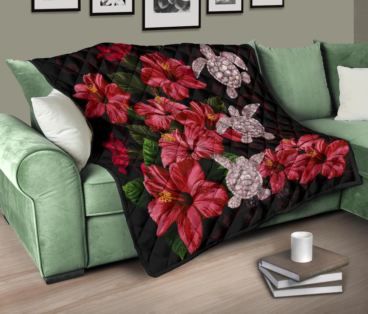 Hawaii Red Hibiscus Turtle Premium Quilt - AH - Ray Style - Polynesian Pride