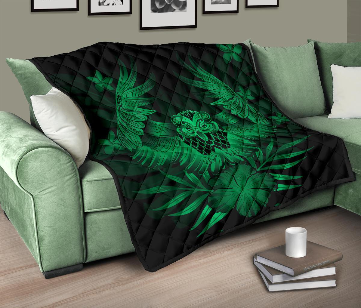 Hawaii Owl Hibiscus Plumeria Premium Quilt - Green - Polynesian Pride
