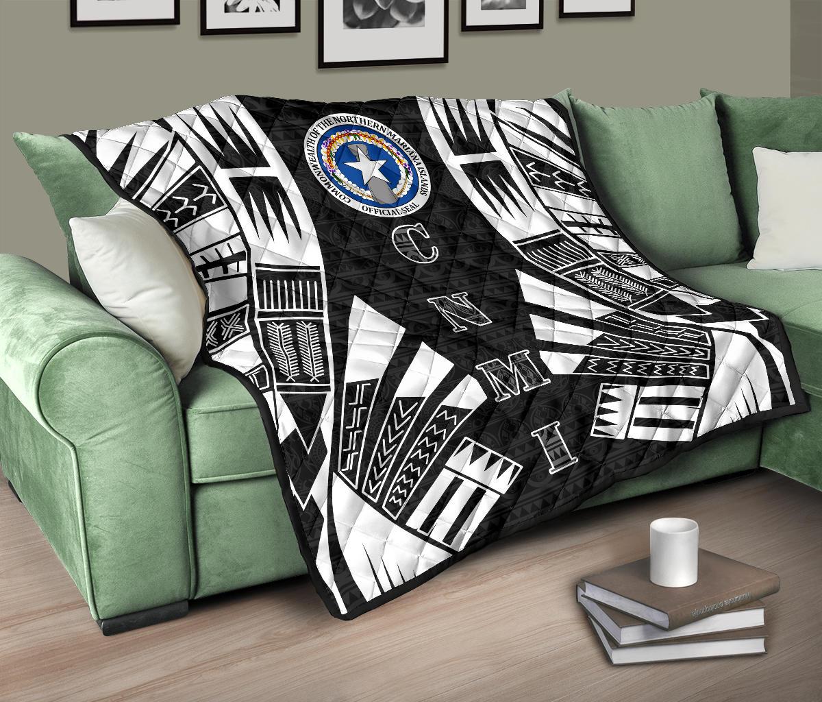 Northern Mariana Islands Premium Quilt - Northern Mariana Islands Seal Polynesian White Tattoo (Black) - Polynesian Pride