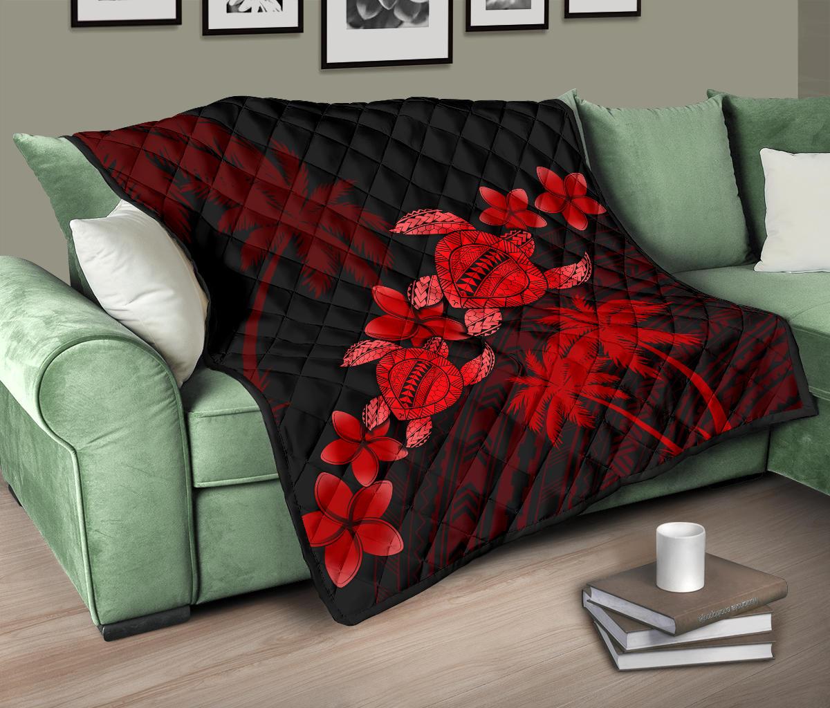 Hawaii Turtle Plumeria Coconut Tree Polynesian Premium Quilt - Red - Polynesian Pride