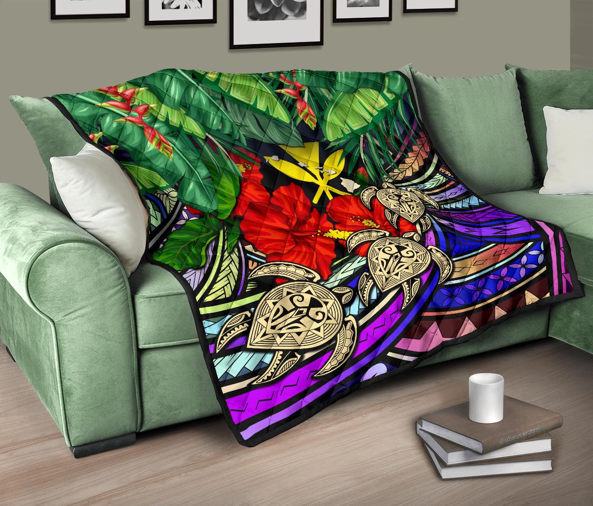 Kanaka Maoli (Hawaiian) Premium Quilt - Polynesian Turtle Colorful And Hibiscus - Polynesian Pride