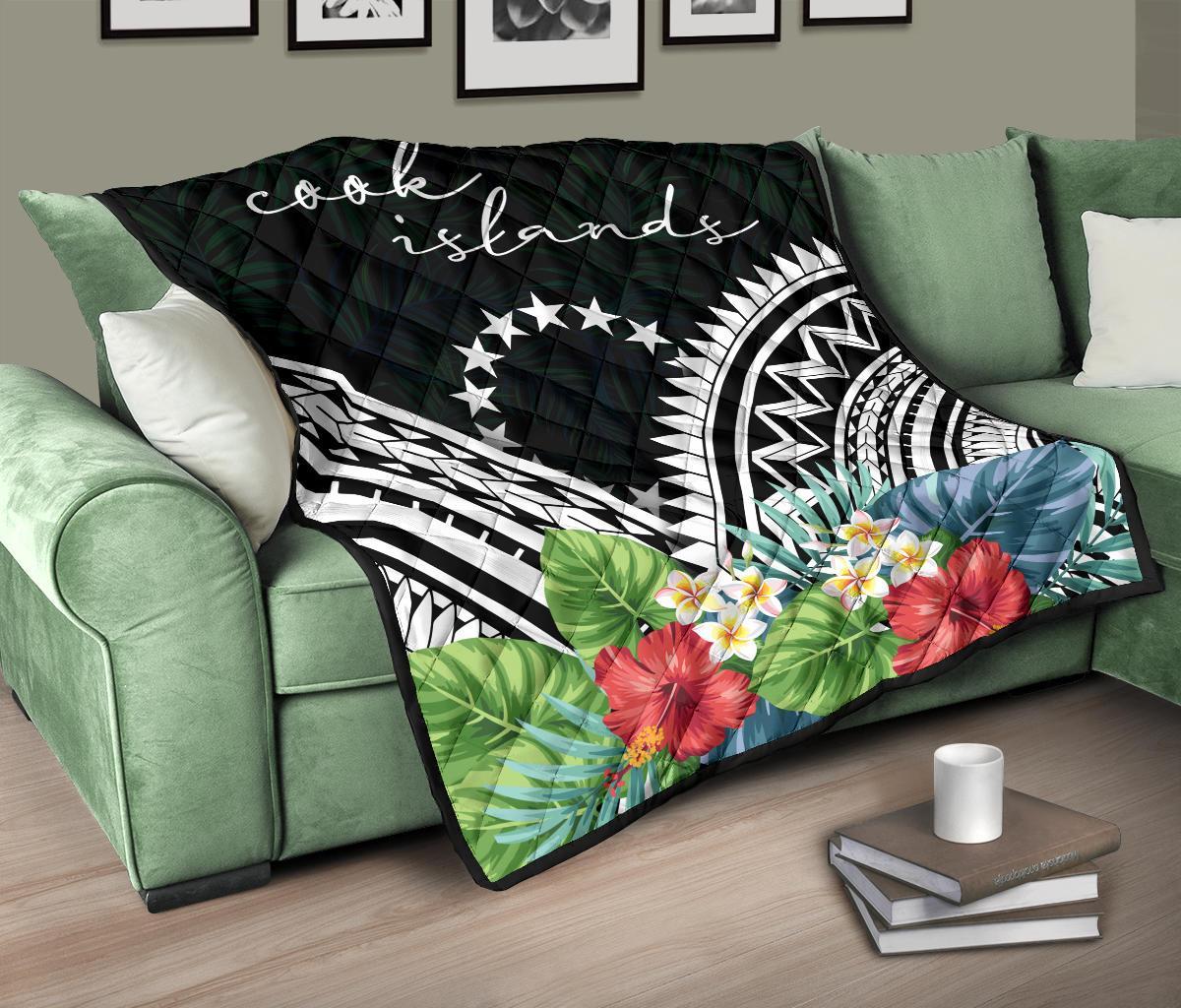 Cook Islands Premium Quilt - Cook Islands Coat of Arms & Polynesian Tropical Flowers White - Polynesian Pride