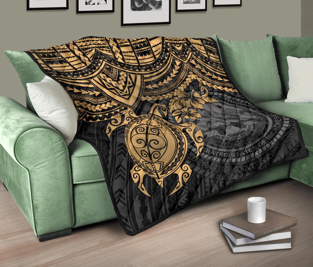 Federated States Of Micronesia Premium Quilt - Federated States Of Micronesia Seal & Golden Turtle Hibiscus - Polynesian Pride