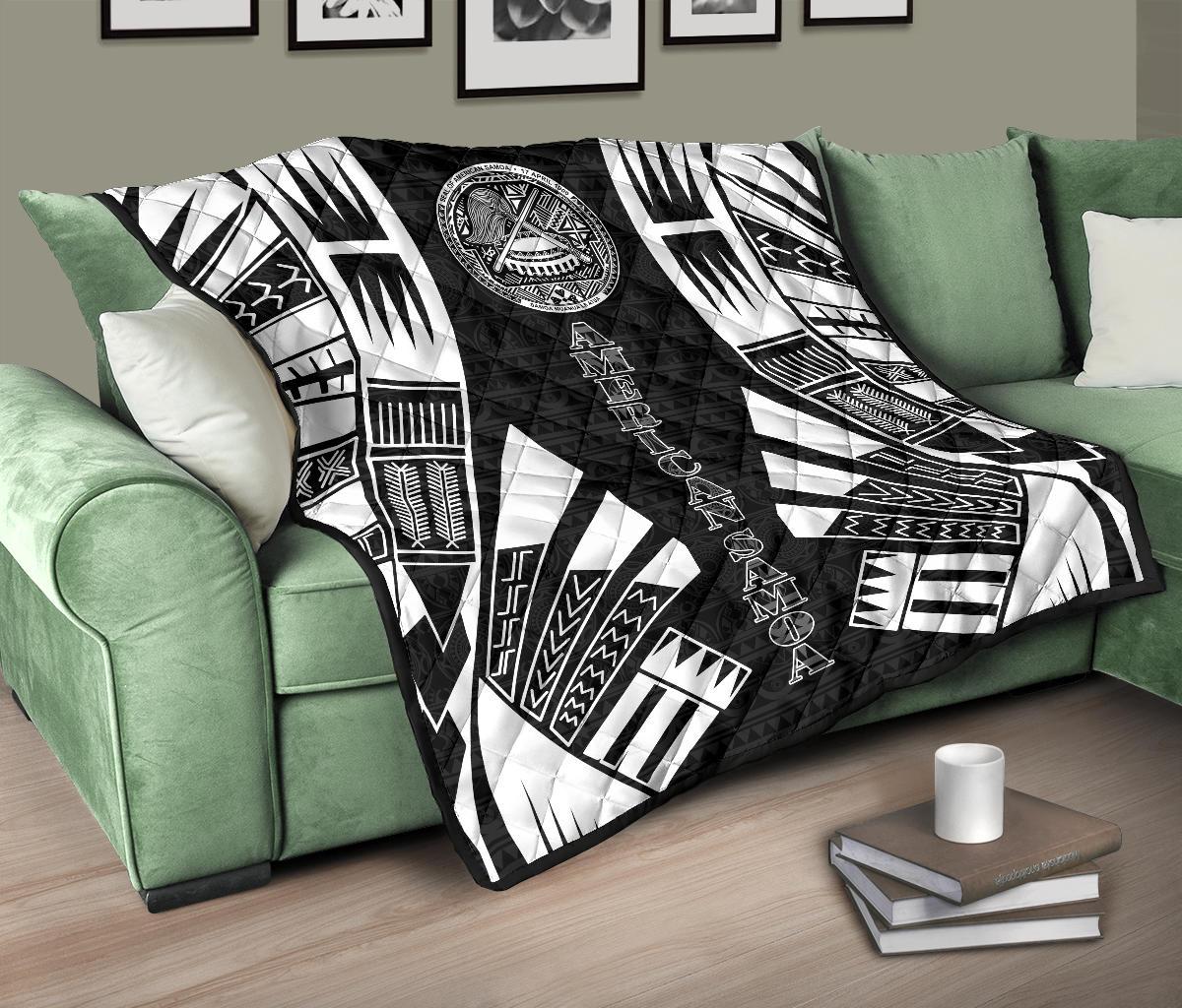 American Samoa Premium Quilt - American Samoa Seal Polynesian White Tattoo (Black) - Polynesian Pride
