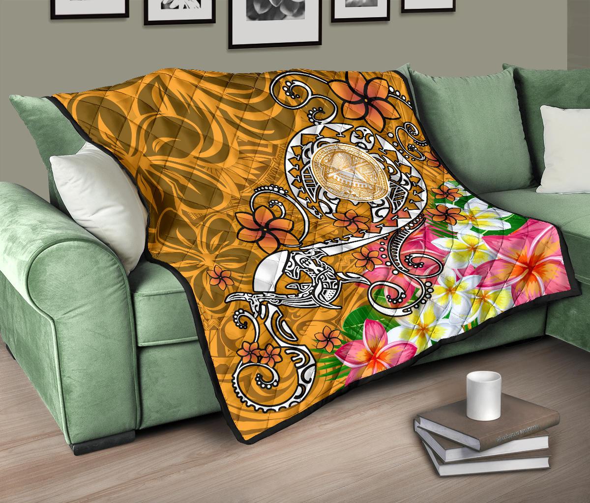 American Samoa Polynesian Premium Quilt - Turtle Plumeria (Gold) - Polynesian Pride