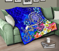 American Samoa Polynesian Premium Quilt - Turtle Plumeria (Blue) - Polynesian Pride