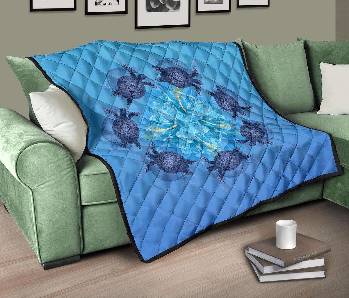 Hawaii Turtle Hibiscus Blue Premium Quilt - Polynesian Pride