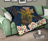 Hawaii Turtle Plumeria Polynesian Kanaka Map - Blue Style - Premium Quilt AH - Polynesian Pride