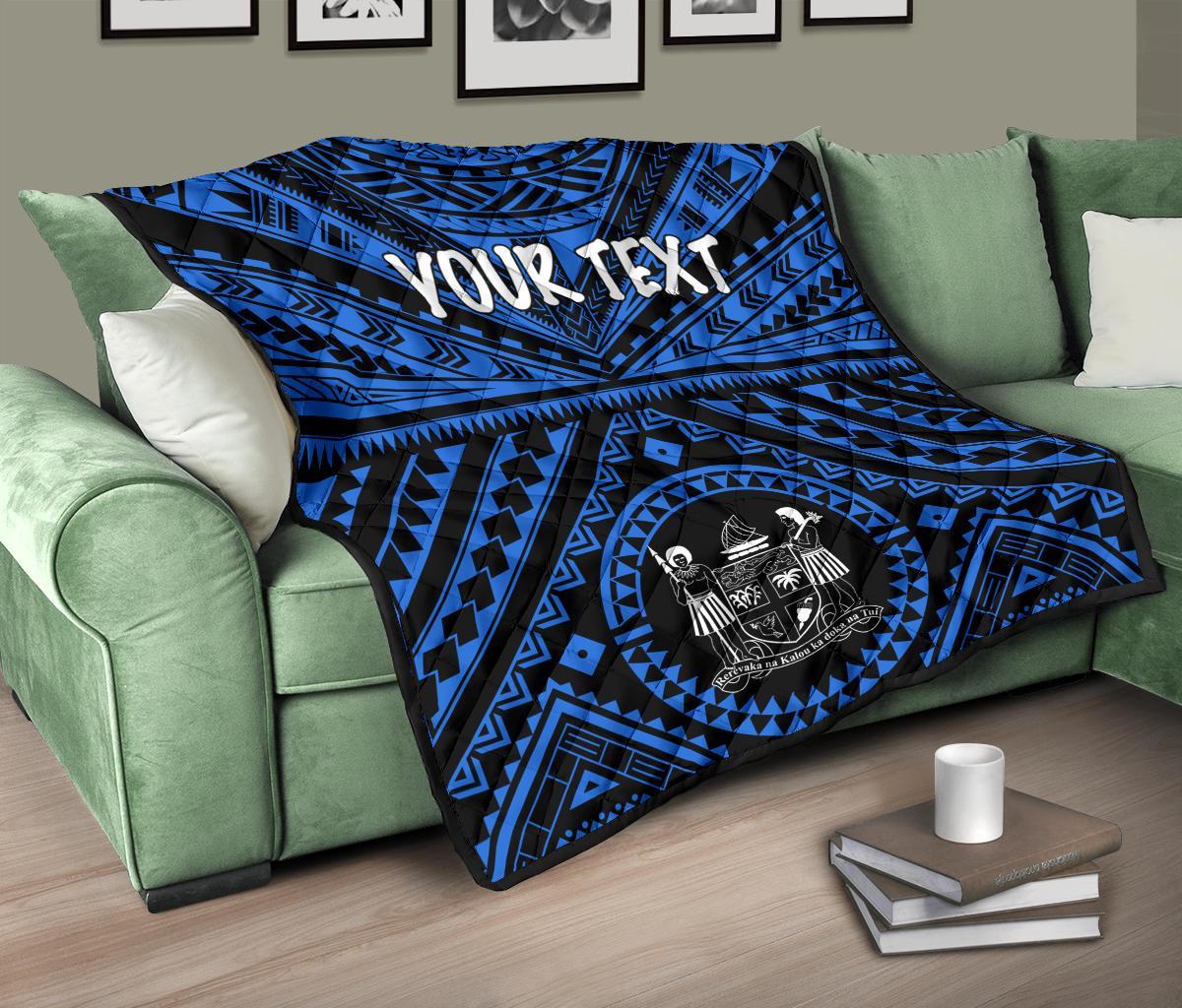 Fiji Personalised Premium Quilt - Fiji Seal With Polynesian Tattoo Style ( Blue) - Polynesian Pride