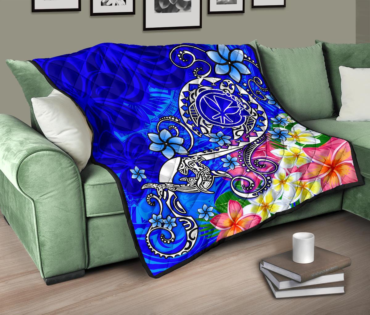 Hawaii Premium Quilt - Turtle Plumeria Polynesian Tattoo Blue Color - Polynesian Pride