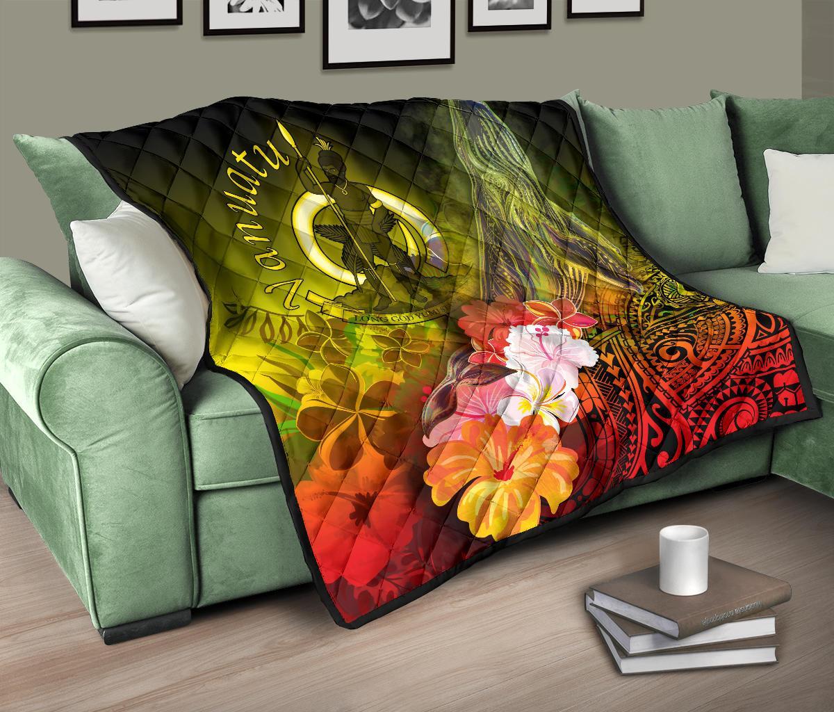 Vanuatu Premium Quilt - Humpback Whale with Tropical Flowers (Yellow) - Polynesian Pride