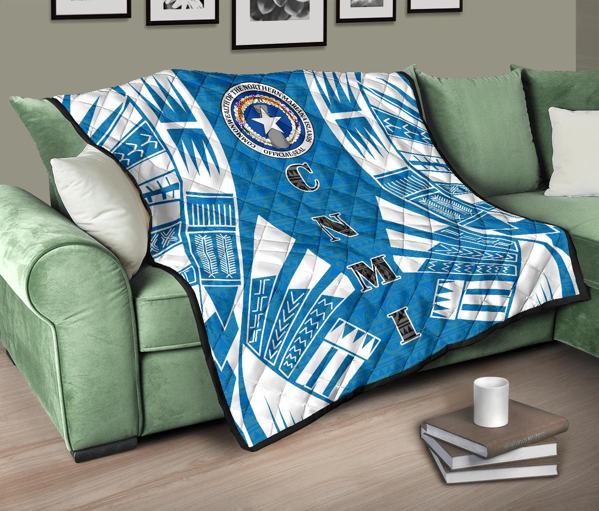 Northern Mariana Islands Premium Quilt - Northern Mariana Islands Seal Polynesian White Tattoo (Blue) - Polynesian Pride