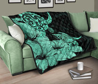 Hawaii Turtle Premium Quilt Polynesian Hibiscus Art Turquoise AH - Polynesian Pride