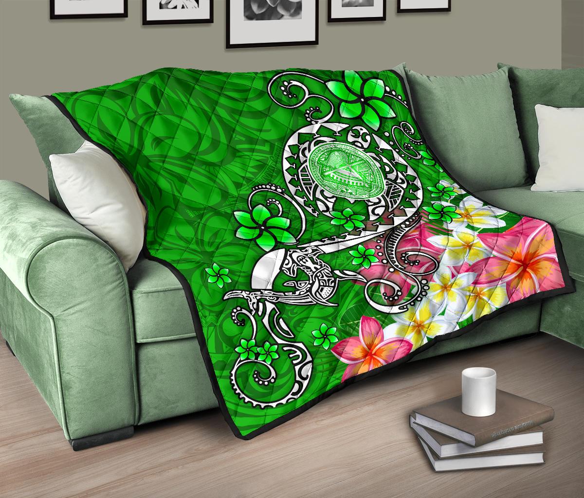 American Samoa Polynesian Premium Quilt - Turtle Plumeria (Green) - Polynesian Pride