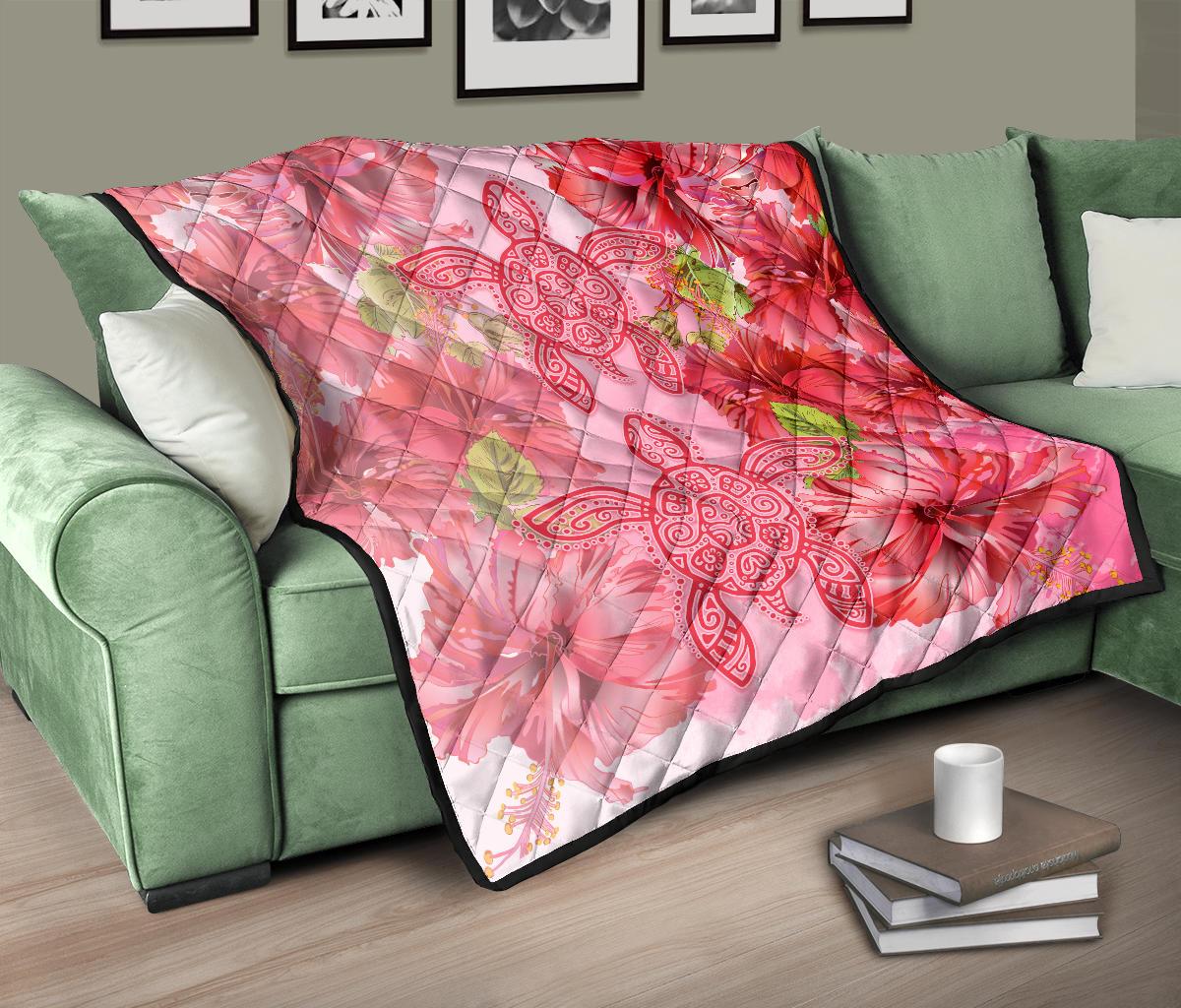 Hawaii Turtle Hibiscus Premium Quilt - Pink Style - Polynesian Pride