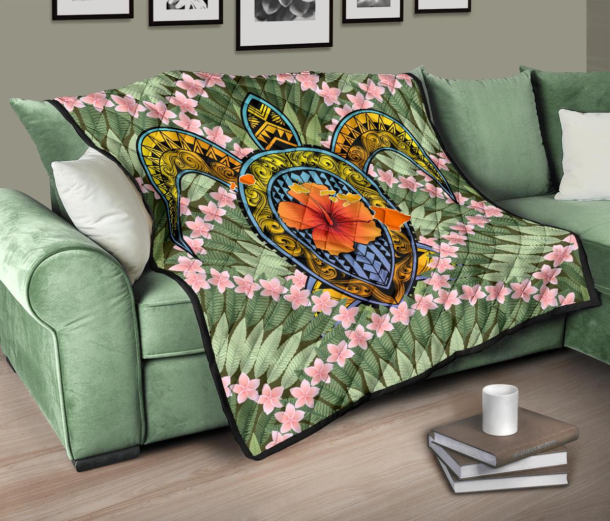 Hawaii Turtle Map Plumeria Hawaiian Tropical Premium Quilt - Candy Style - AH - Polynesian Pride
