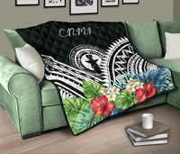 CNMI Premium Quilt - CNMI Coat of Arms & Polynesian Tropical Flowers White - Polynesian Pride