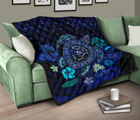 Hawaiian Blue Ocean Honu And Flowers Premium Quilt - Polynesian Pride