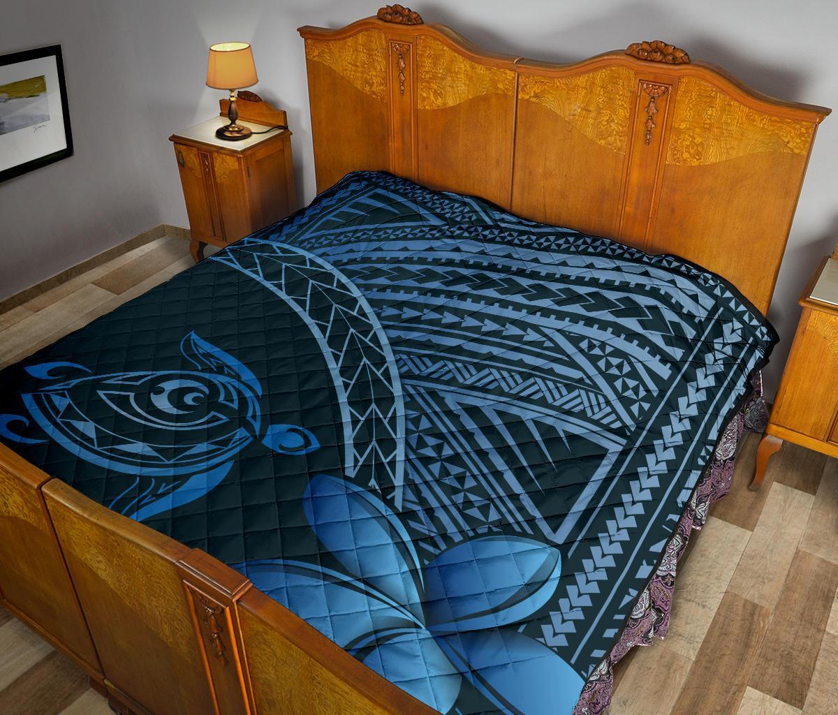 Hawaii Quilt - Hawaii Turtle Plumeria Quilt Aegean Blue - Polynesian Pride