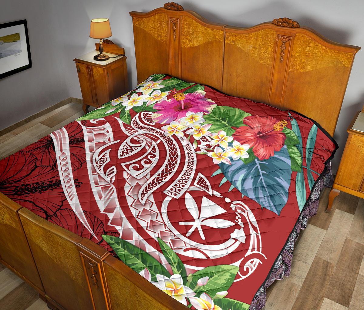 Polynesian Hawaii Kanaka Maoli Premium Quilt - Summer Plumeria (Red) - Polynesian Pride