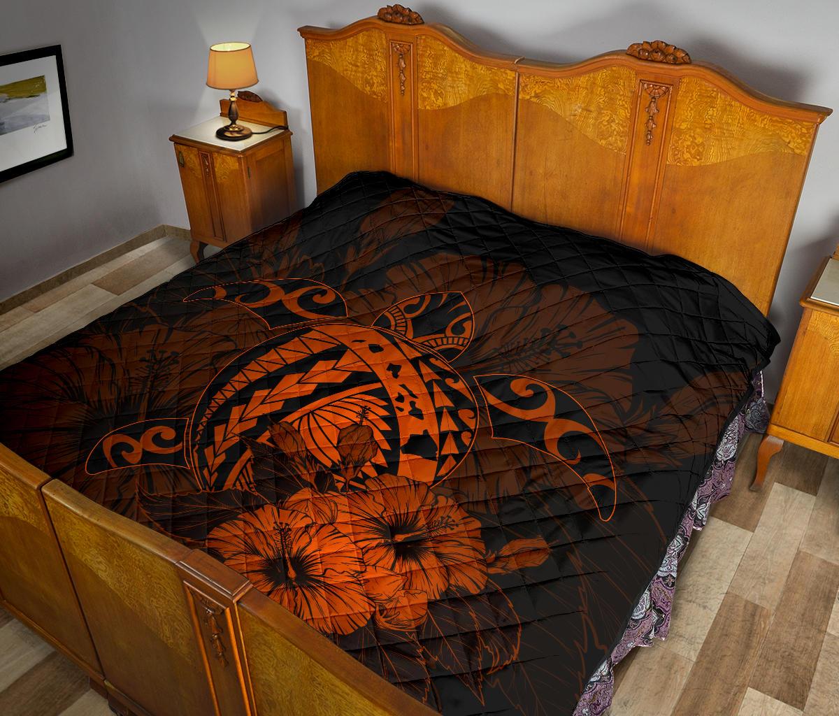 Hawaii Hibiscus Premium Quilt - Harold Turtle - Orange - Polynesian Pride