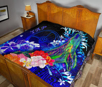Yap Premium Quilt - Humpback Whale with Tropical Flowers (Blue) - Polynesian Pride