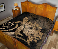 Hawaii Turtle Hibiscus Polynesian Vintage Premium Quilt - Gold - Polynesian Pride