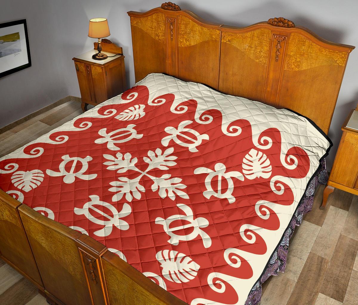 Hawaiian Turtle Pattern Premium Quilt - Red - Argu Style - AH - Polynesian Pride