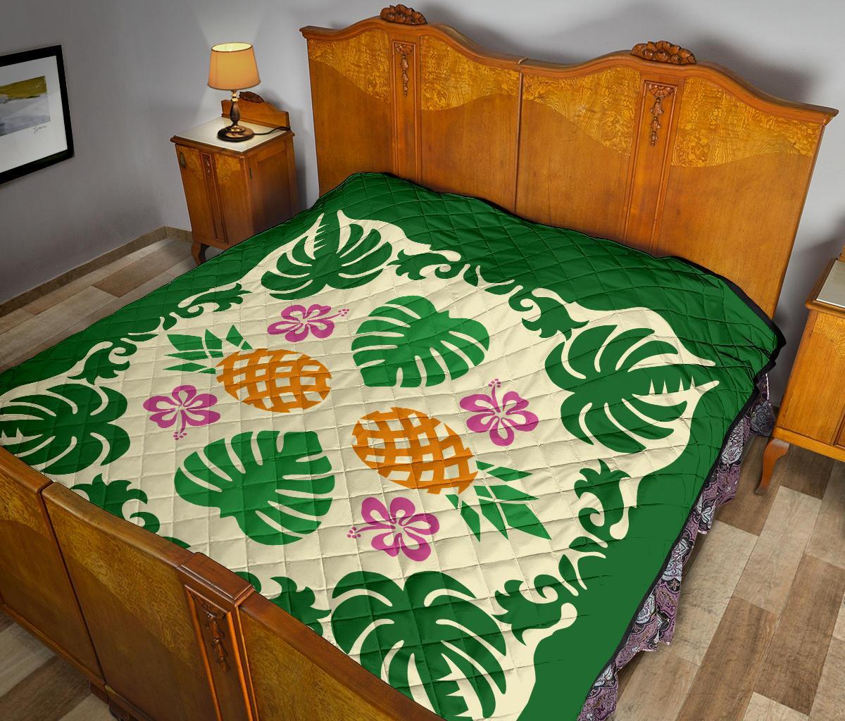 Hawaiian Pineapple Hibiscus Pattern Premium Quilt - Burgundy - Argu Style - AH - Polynesian Pride