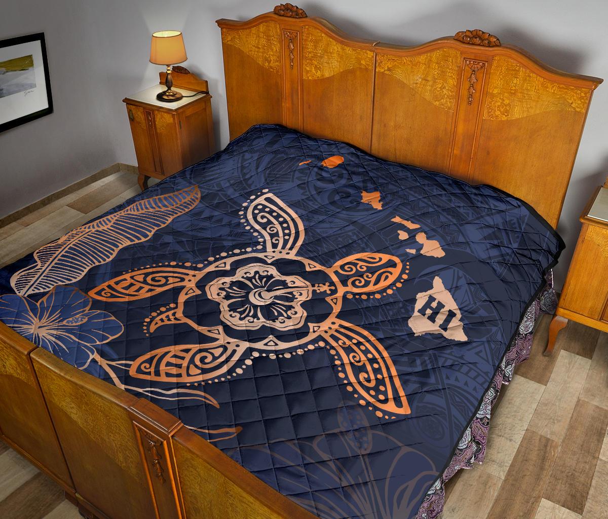 Hawaii Kakau Polynesian Turtle Map Premium Quilt - Indigo - Polynesian Pride