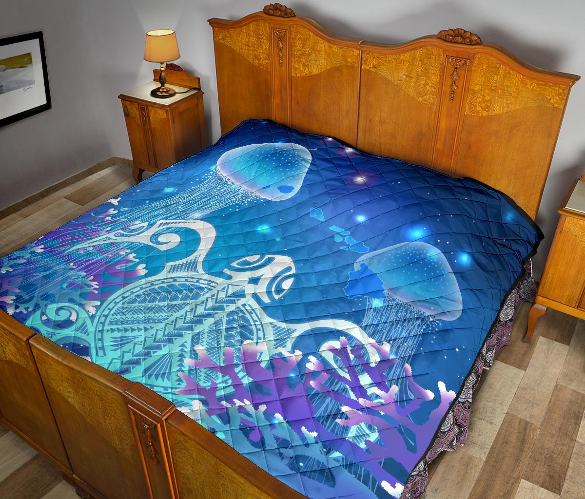 Hawaii Turtle Jellyfish Coral Galaxy Premium Quilt - Polynesian Pride