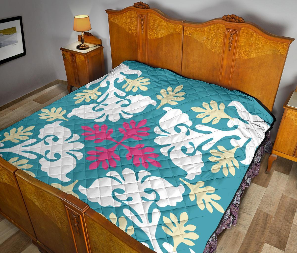 Hawaiian Leaves Tropical Pattern Premium Quilt - Pastel And White - Argu Style - AH - Polynesian Pride