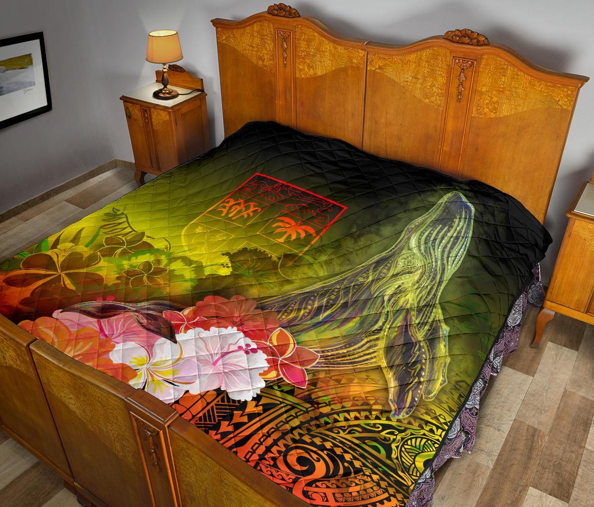 Fiji Premium Quilt - Humpback Whale with Tropical Flowers (Yellow) - Polynesian Pride