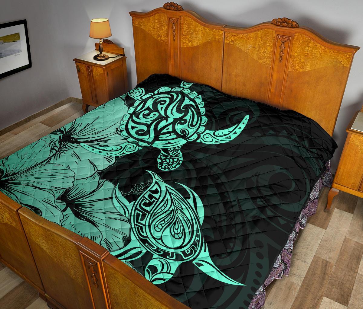 Hawaii Turtle Premium Quilt Polynesian Hibiscus Art Turquoise AH - Polynesian Pride