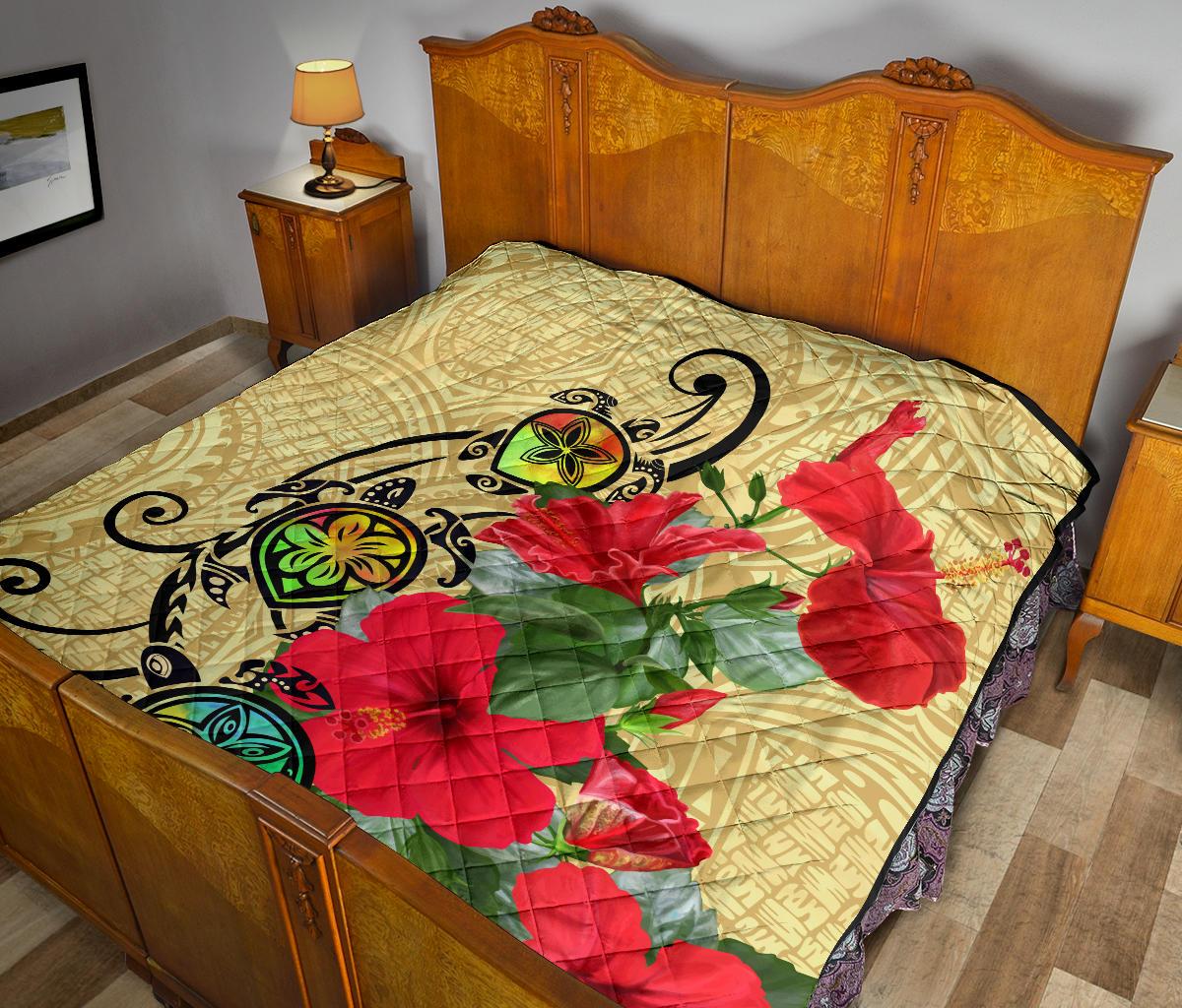 Hawaiian Marble Turtles Hibiscus Premium Quilt - Polynesian Pride