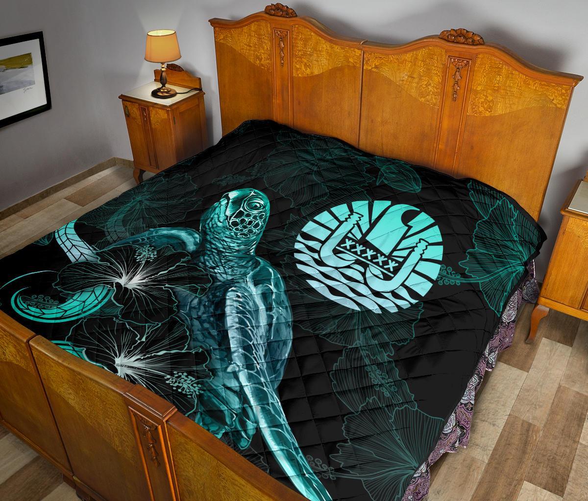 Tahiti Polynesian Premium Quilt - Turtle With Blooming Hibiscus Turquoise - Polynesian Pride