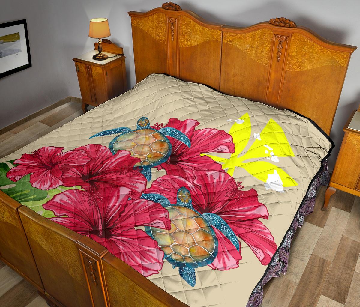 Hawaii Turtle Hibiscus Beige Simple Style - Premium Quilt AH - Polynesian Pride