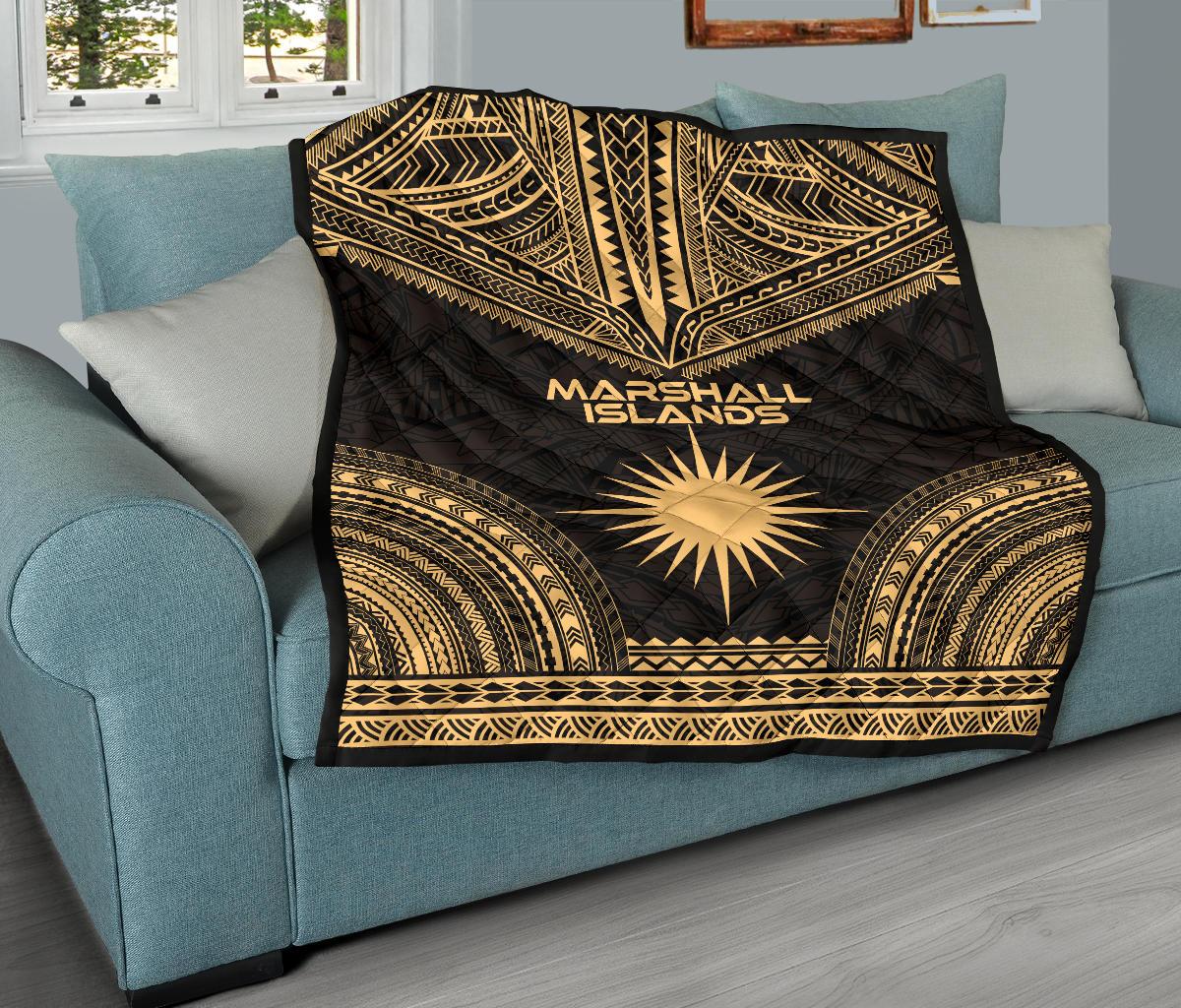 Marshall Islands Premium Quilt - Marshall Islands Flag Polynesian Chief Gold Version - Polynesian Pride