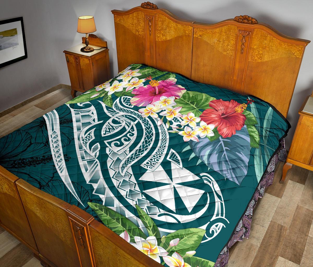 Wallis and Futuna Polynesian Premium Quilt - Summer Plumeria (Turquoise) - Polynesian Pride