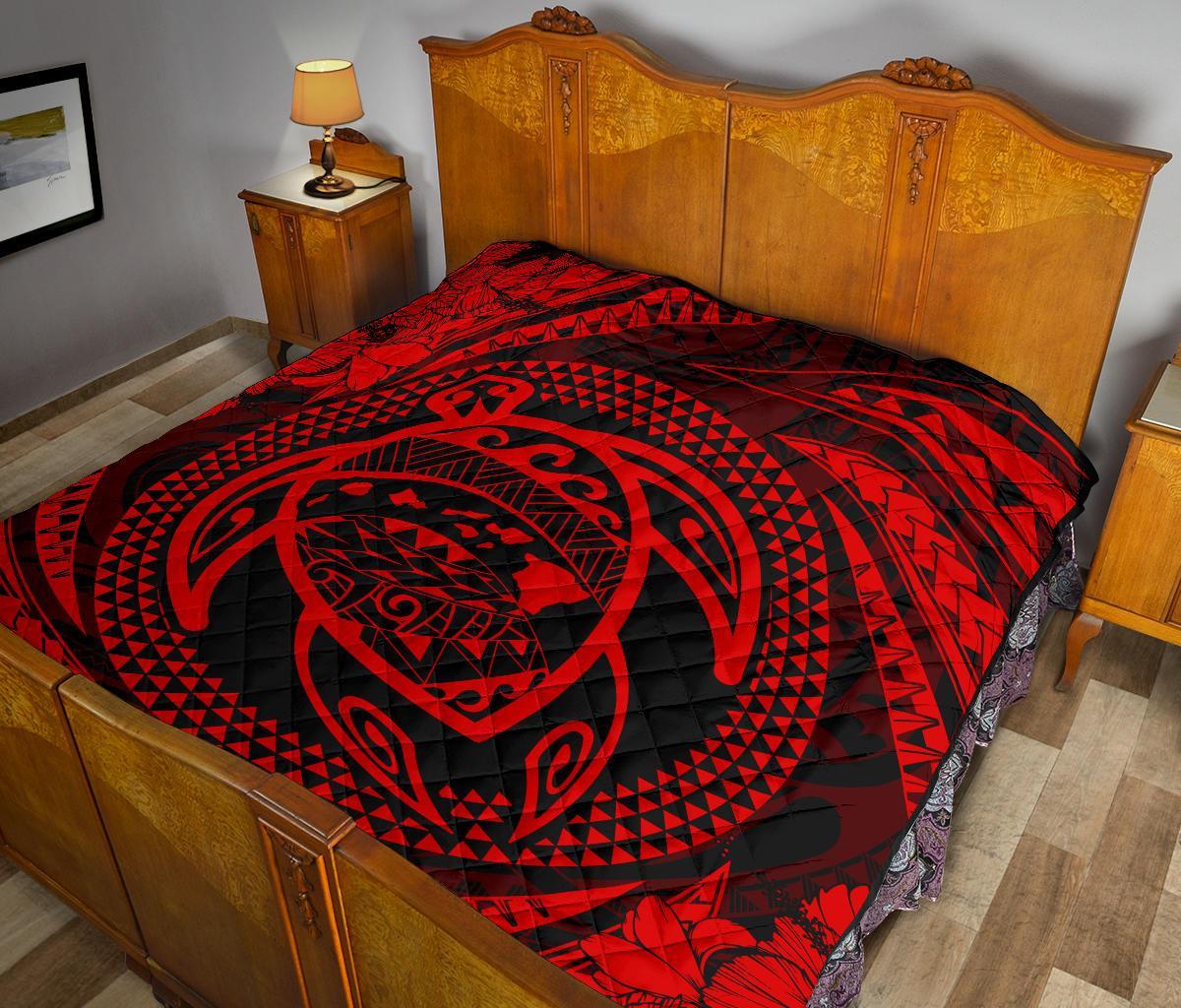 Hawaiian Kanaka Honu Hibiscus Tornando Red Polynesian Premium Quilt - Polynesian Pride