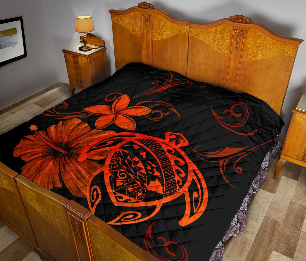 Hawaii Turtle Hibiscus Premium Quilt Orange - Polynesian Pride