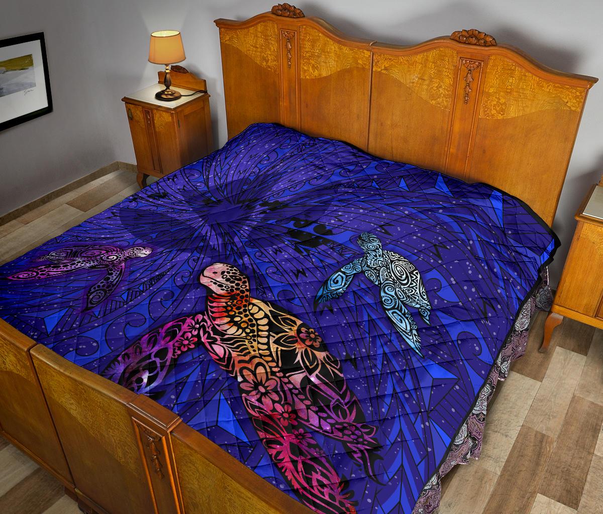 Hawaii Map Kanaka Turtle Premium Quilt - Volcano Style - Galaxy - Polynesian Pride