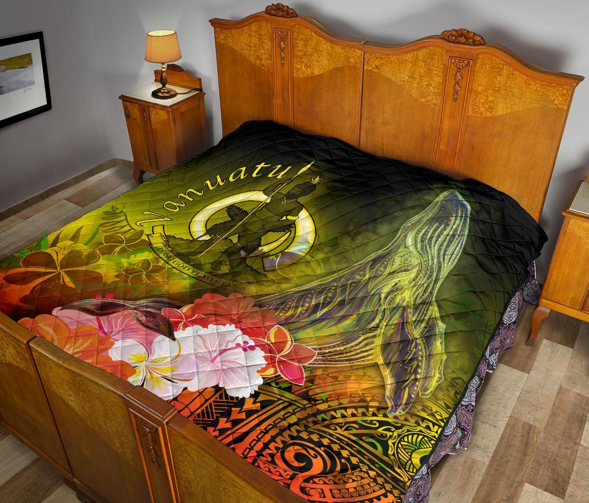 Vanuatu Premium Quilt - Humpback Whale with Tropical Flowers (Yellow) - Polynesian Pride